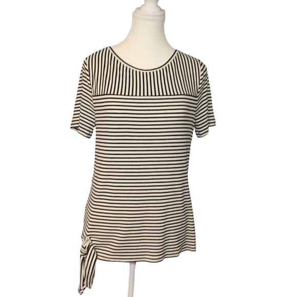 Talbot Petite LG Striped Black Cream Top Side Tie SS Stretchy Ribbed Knit - Picture 1 of 8